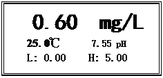文本框: 0.60 mg/L
25.0℃ 7.55 pH
L: 0.00 H: 5.00 

